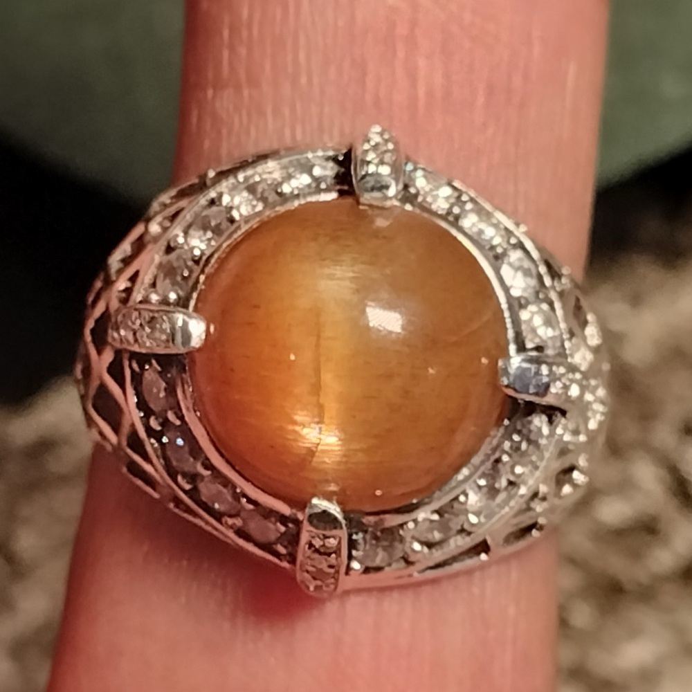 Sterling Silver Cats Eye Sun Stone CZ Ring Size 7